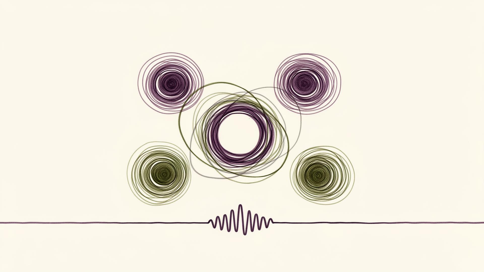 Abstract cream-and-slate line illustration on Kokorology paper, drawn for Four executives, one quiet inner activist each — and the seva platform that came out of it