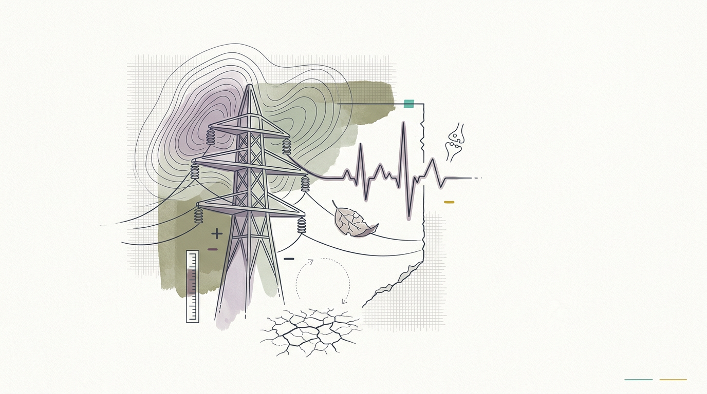 Abstract cream-and-slate line illustration on Kokorology paper, drawn for Climate Stressors Hit Bodies and Grids