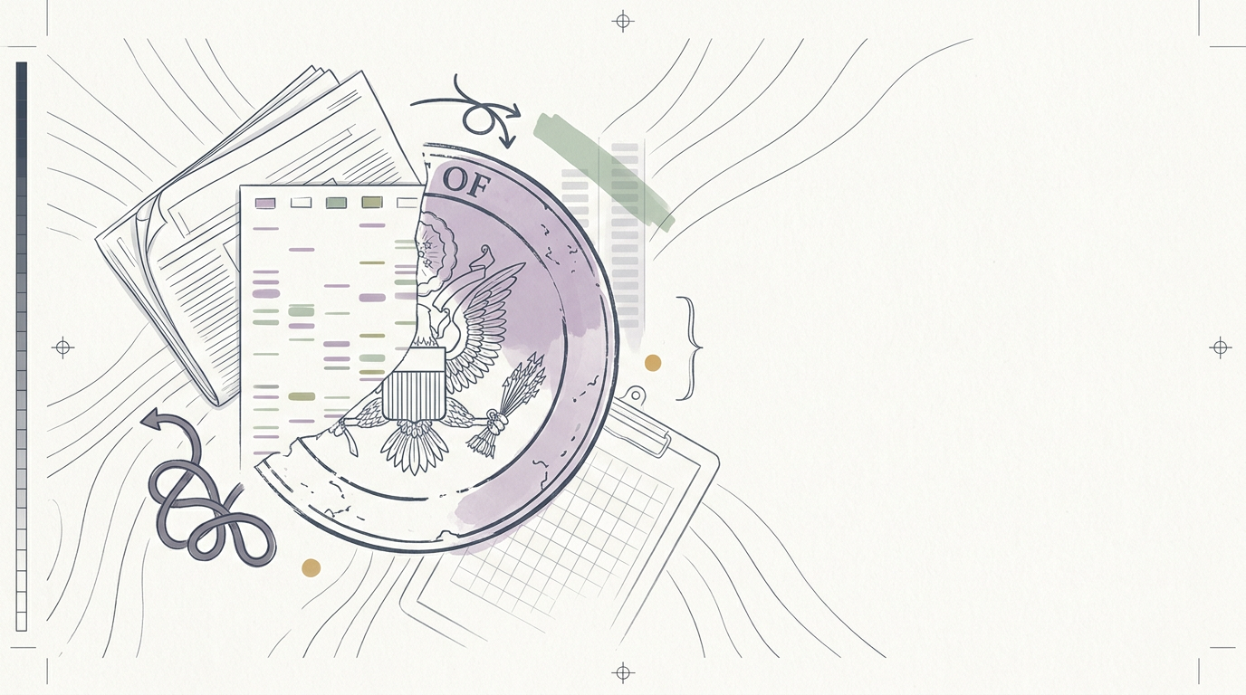 Abstract cream-and-slate line illustration on Kokorology paper, drawn for Policy Gridlock Meets Biotech Breakthroughs