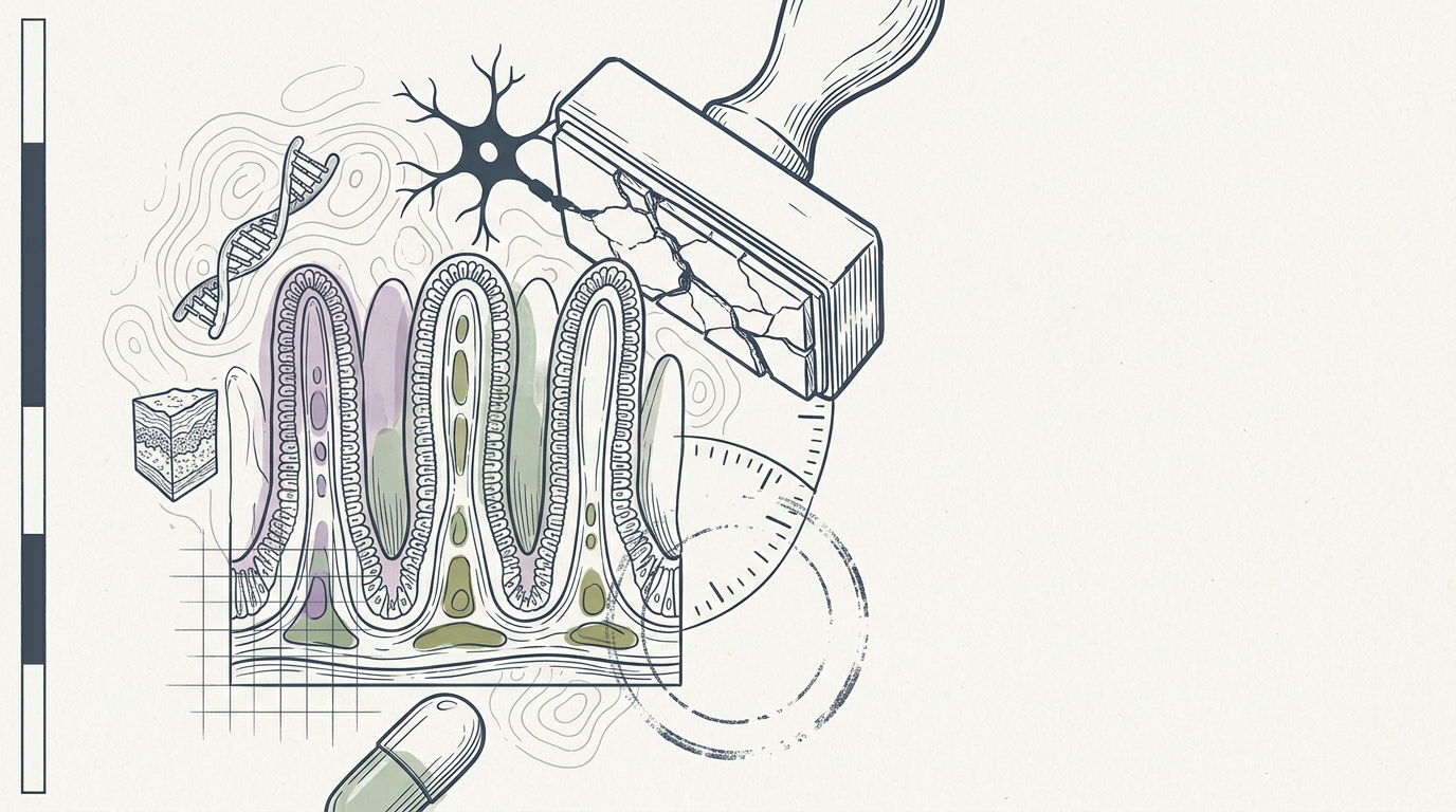 Abstract cream-and-slate line illustration on Kokorology paper, drawn for Longevity's Gut Check and Policy's Unintended Consequences