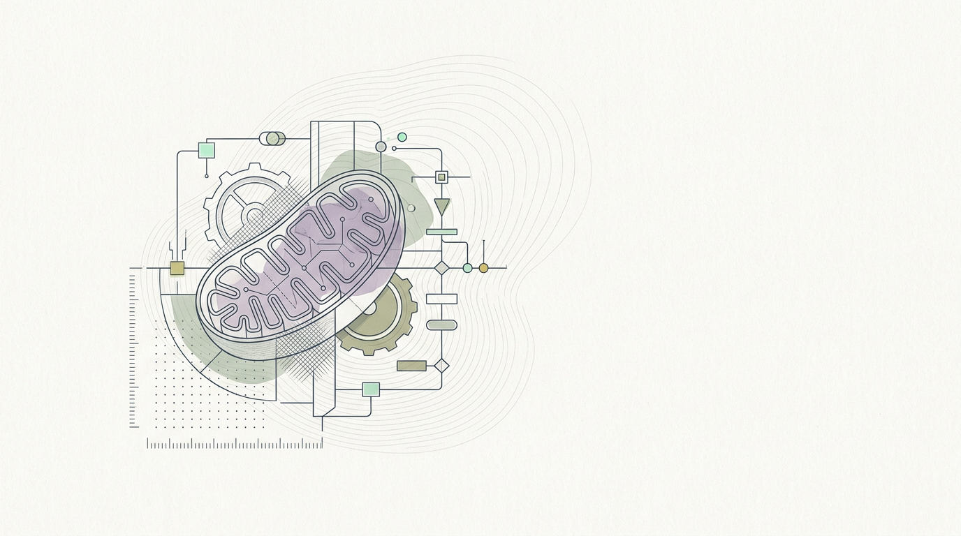 Abstract cream-and-slate line illustration on Kokorology paper, drawn for Wellness: It's all Policy and Mitochondria