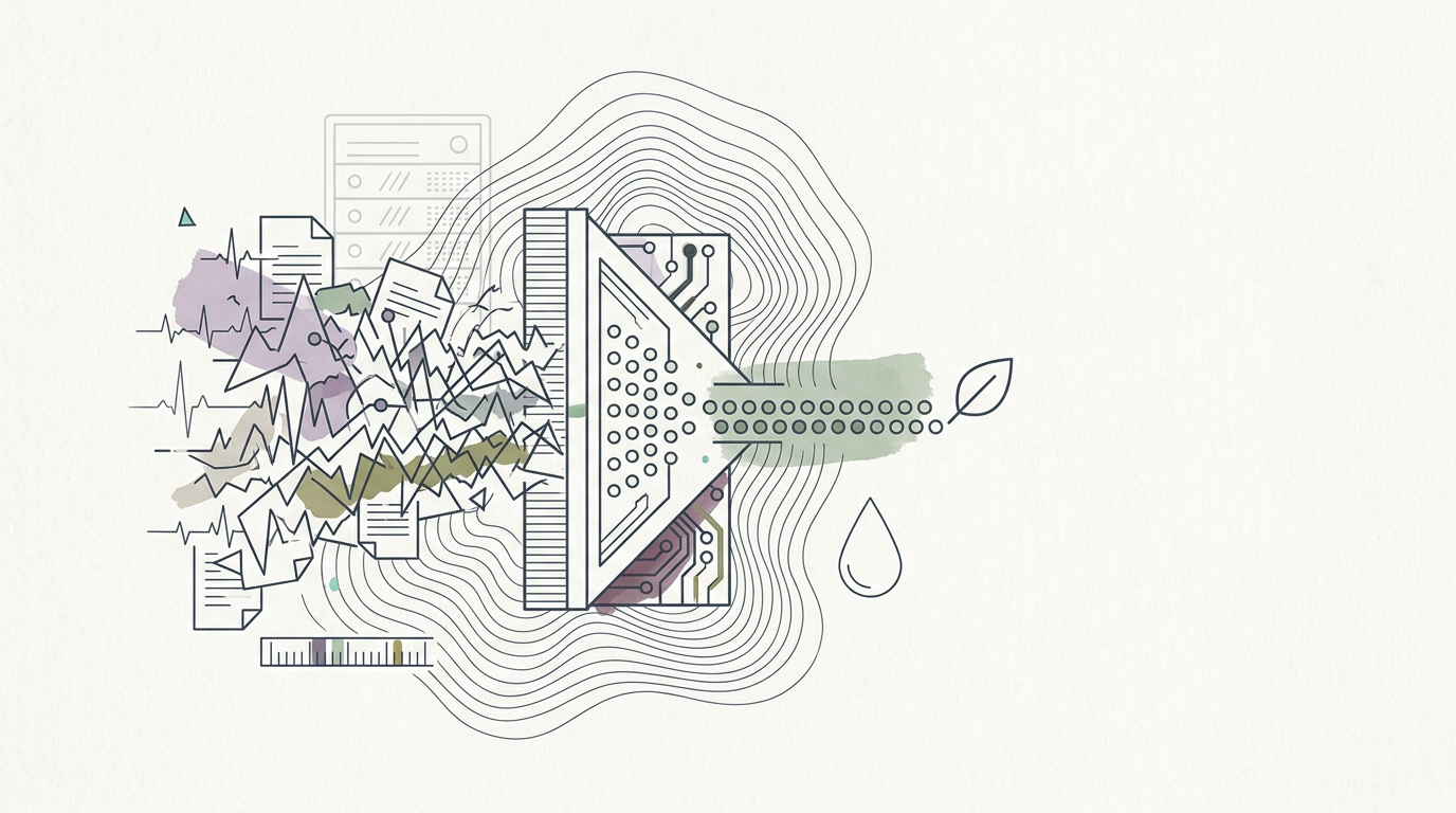 Abstract cream-and-slate line illustration on Kokorology paper, drawn for Unseen forces and the data clean-up crew.