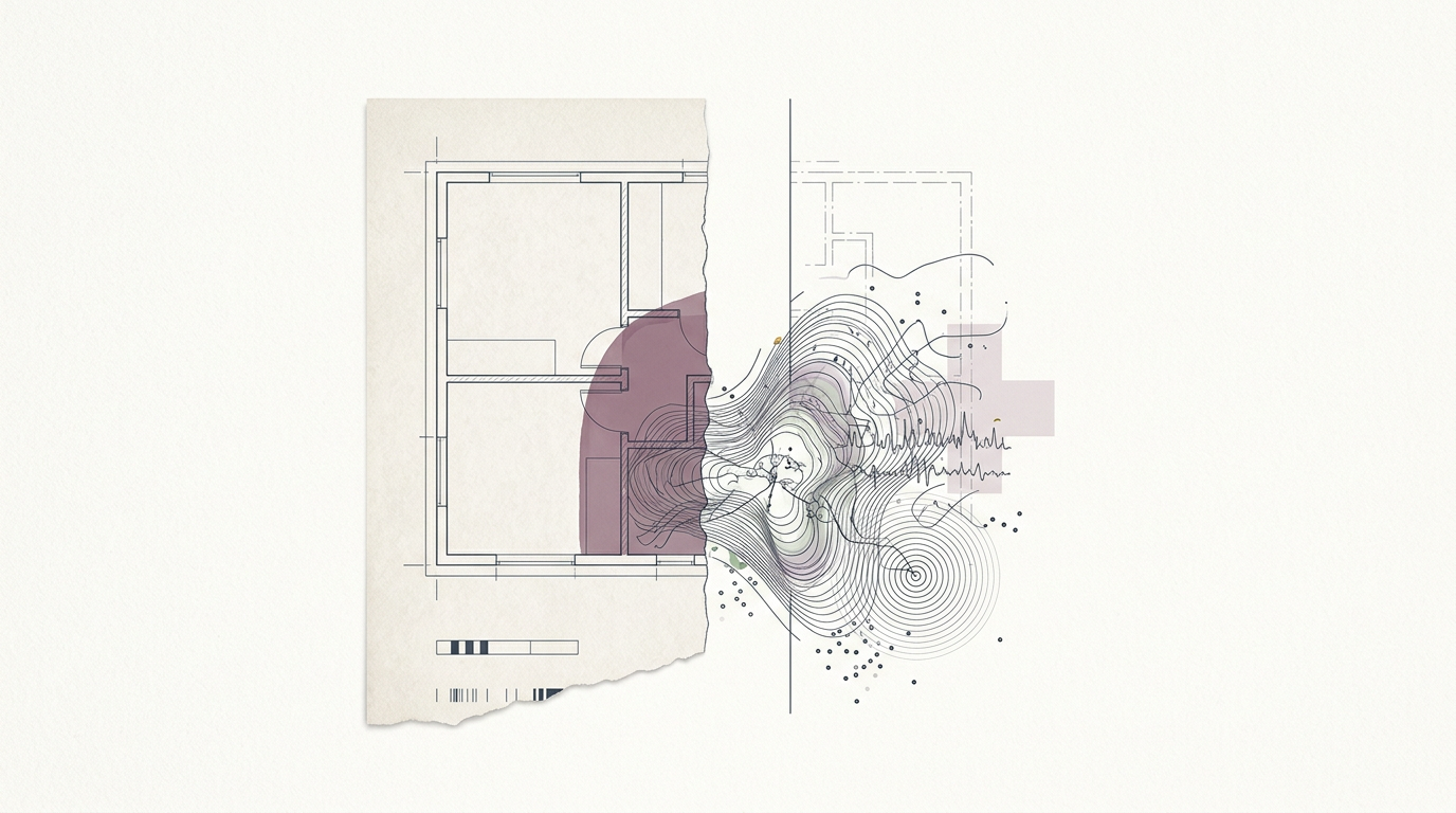 Abstract cream-and-slate line illustration on Kokorology paper, drawn for Access gaps and the data deluge