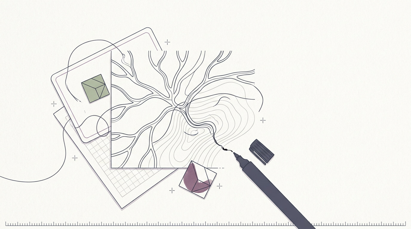 Abstract cream-and-slate line illustration on Kokorology paper, drawn for Wellness goes ancient, Big Tech scares us sick