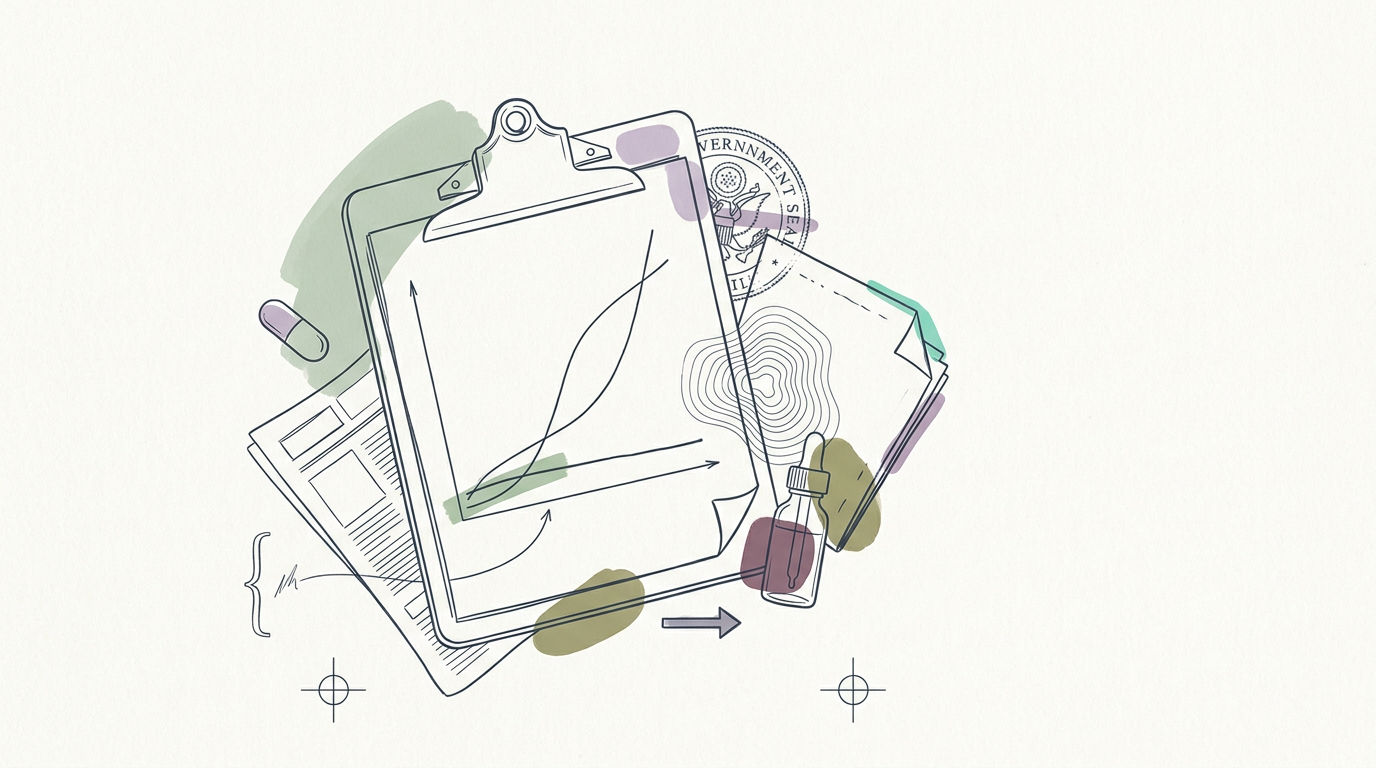 Abstract cream-and-slate line illustration on Kokorology paper, drawn for Wellness goes clinic, pharma finds new use cases, policy lags.