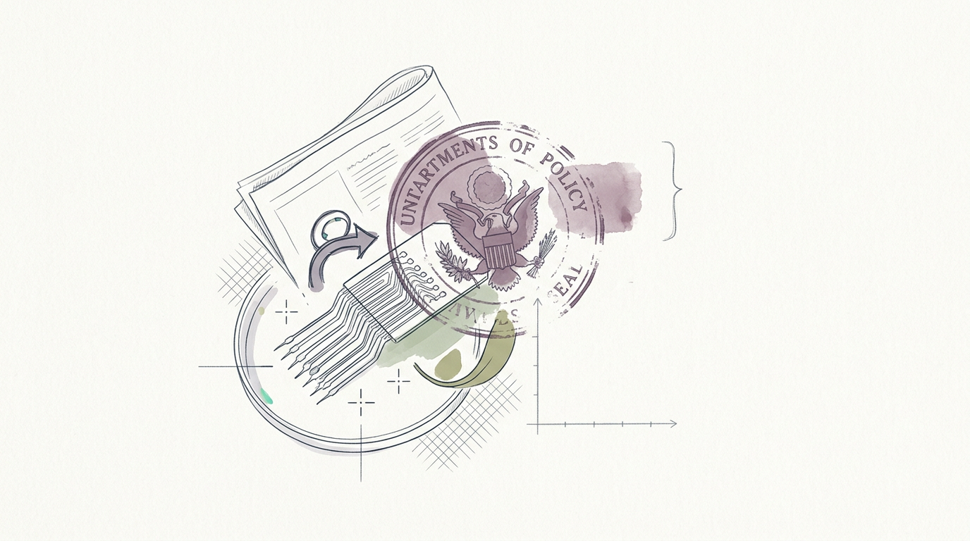 Abstract cream-and-slate line illustration on Kokorology paper, drawn for Neuroscience moves fast, policy stumbles