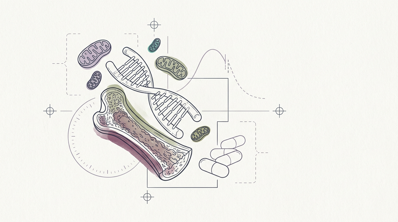 Abstract cream-and-slate line illustration on Kokorology paper, drawn for Longevity's Biotech Leap, Policy Backlogs, and Real-World Wear