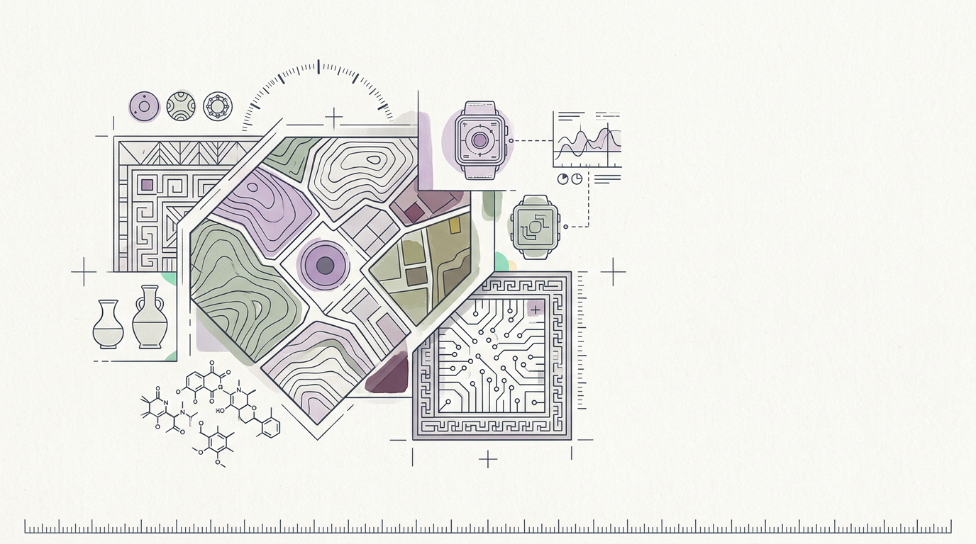 Abstract cream-and-slate line illustration on Kokorology paper, drawn for Wellness goes hyper-local, high-tech, and heritage-rich.