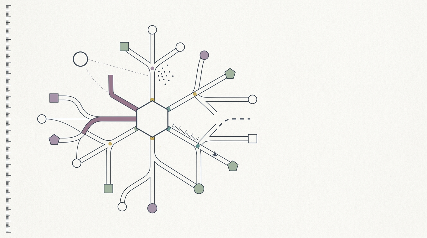 Abstract cream-and-slate line illustration on Kokorology paper, drawn for Metabolism isn't simple. Neither is stress.