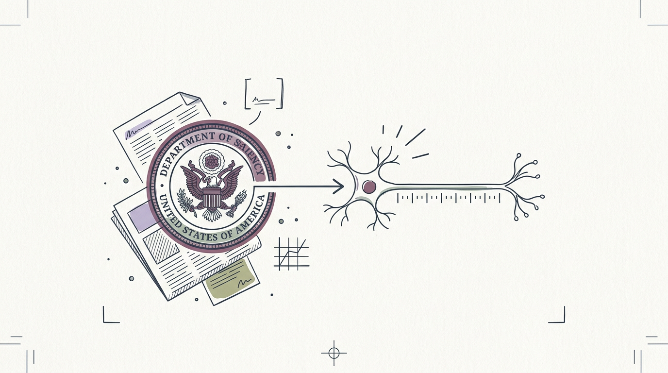 Abstract cream-and-slate line illustration on Kokorology paper, drawn for Policy moves, the nervous system keeps the score