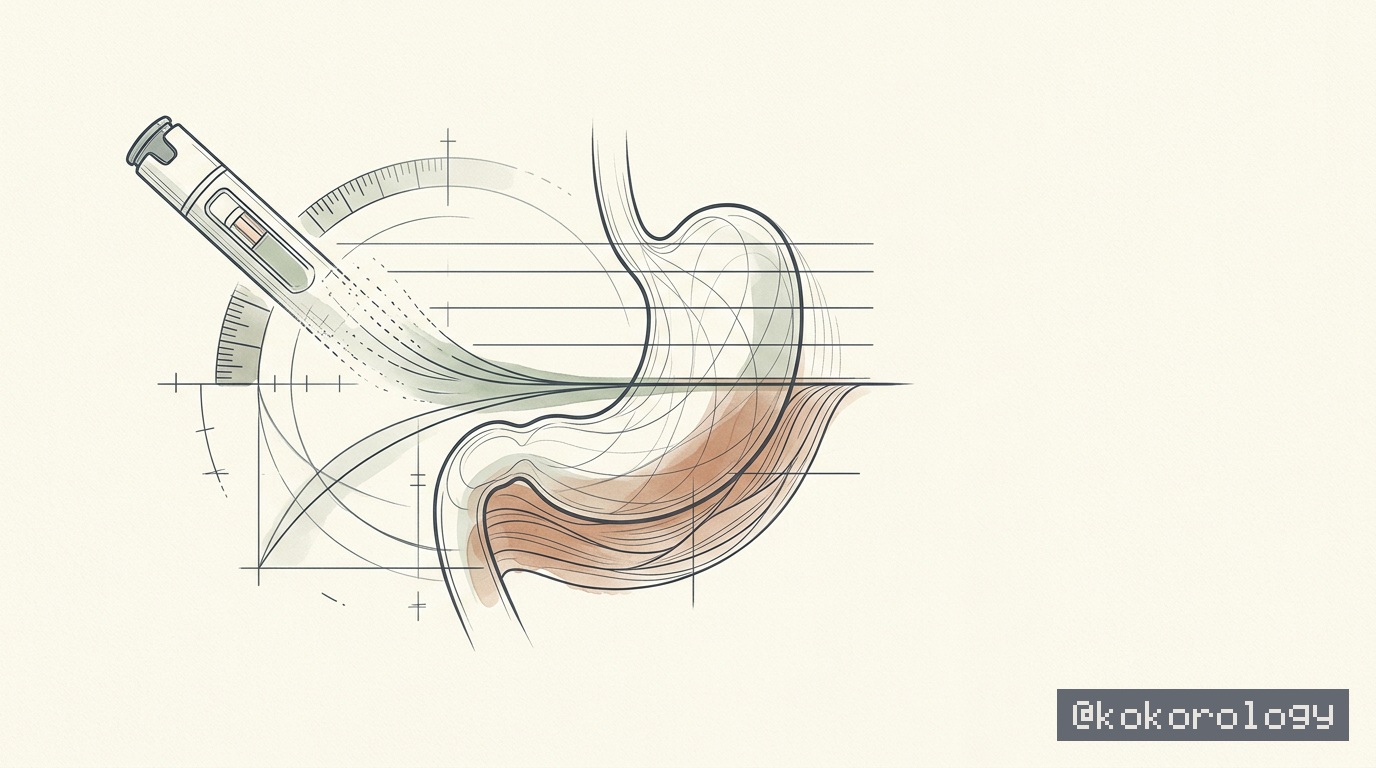 Abstract cream-and-slate line illustration on Kokorology paper, drawn for GLP-1 Taper Without the Rebound: −18 kg Held 6 Months Off Drug