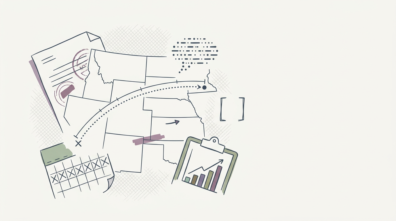 Abstract cream-and-slate line illustration on Kokorology paper, drawn for Abortion access research uses Reddit data to map barriers