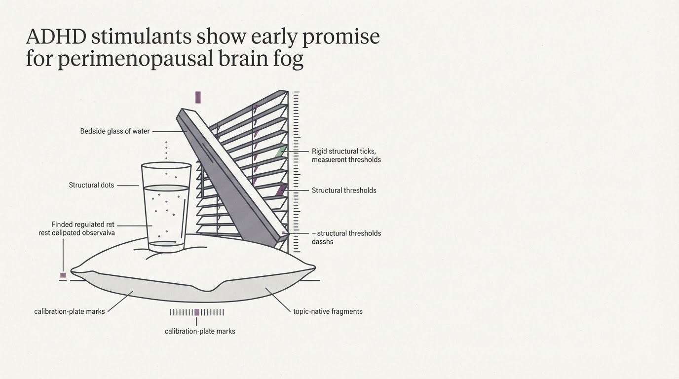Abstract cream-and-slate line illustration on Kokorology paper, drawn for ADHD stimulants show early promise for perimenopausal brain fog