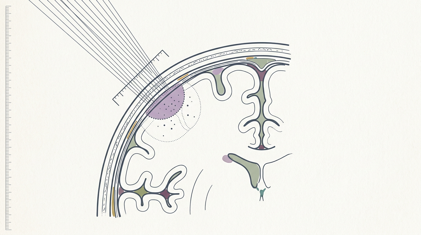 Abstract cream-and-slate line illustration on Kokorology paper, drawn for Adjuvant radiotherapy for brain tumors reduces recurrence risks