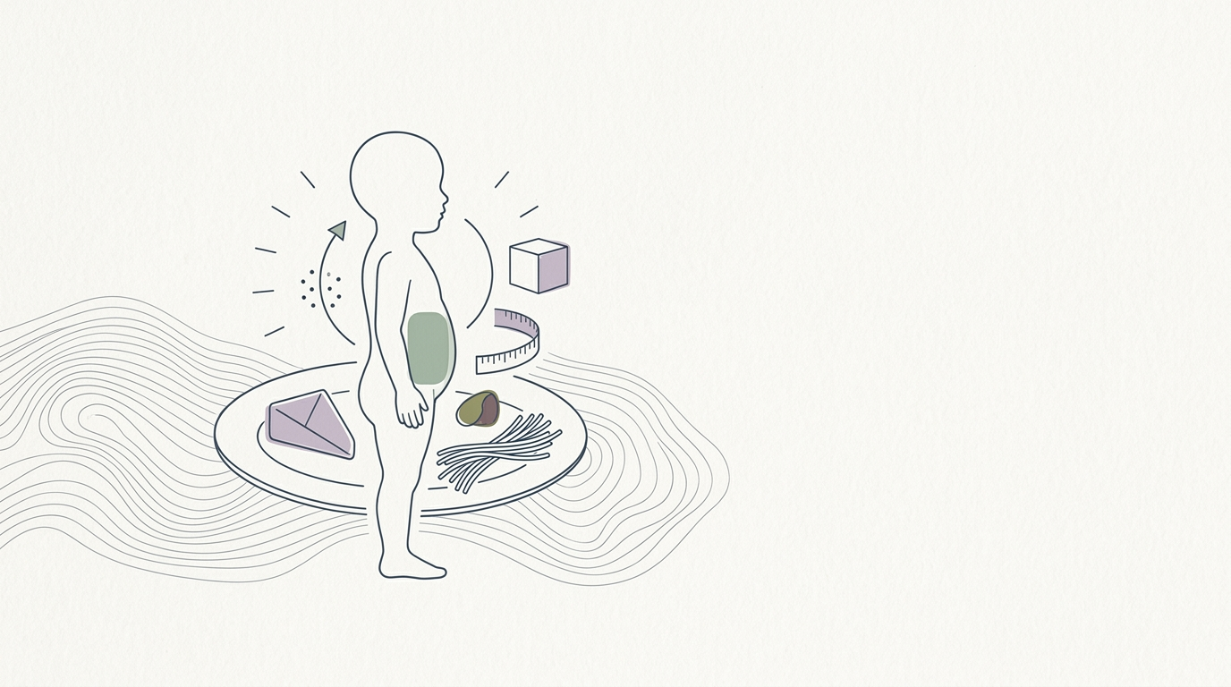 Abstract cream-and-slate line illustration on Kokorology paper, drawn for WHO advises against obesity drugs for kids under 10