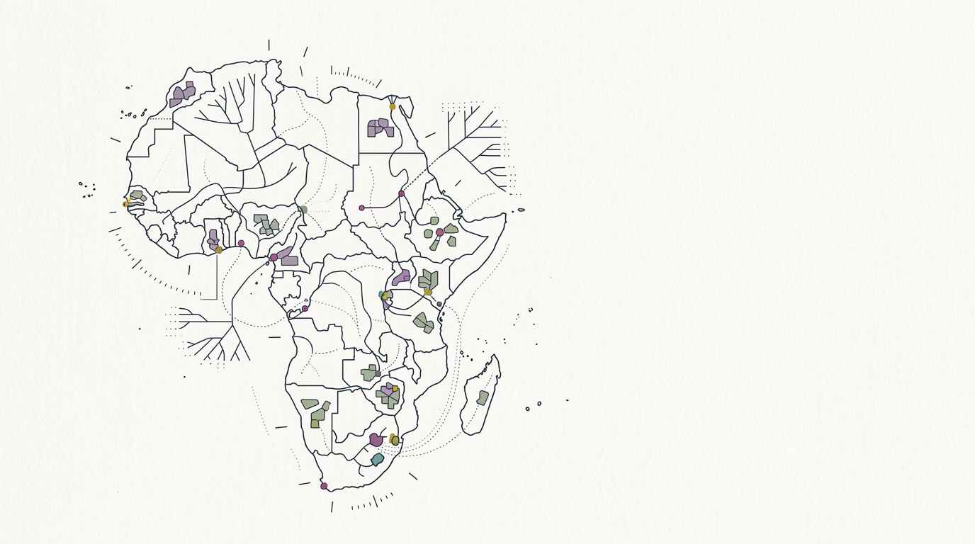 Abstract cream-and-slate line illustration on Kokorology paper, drawn for African nations map genomics data for public health