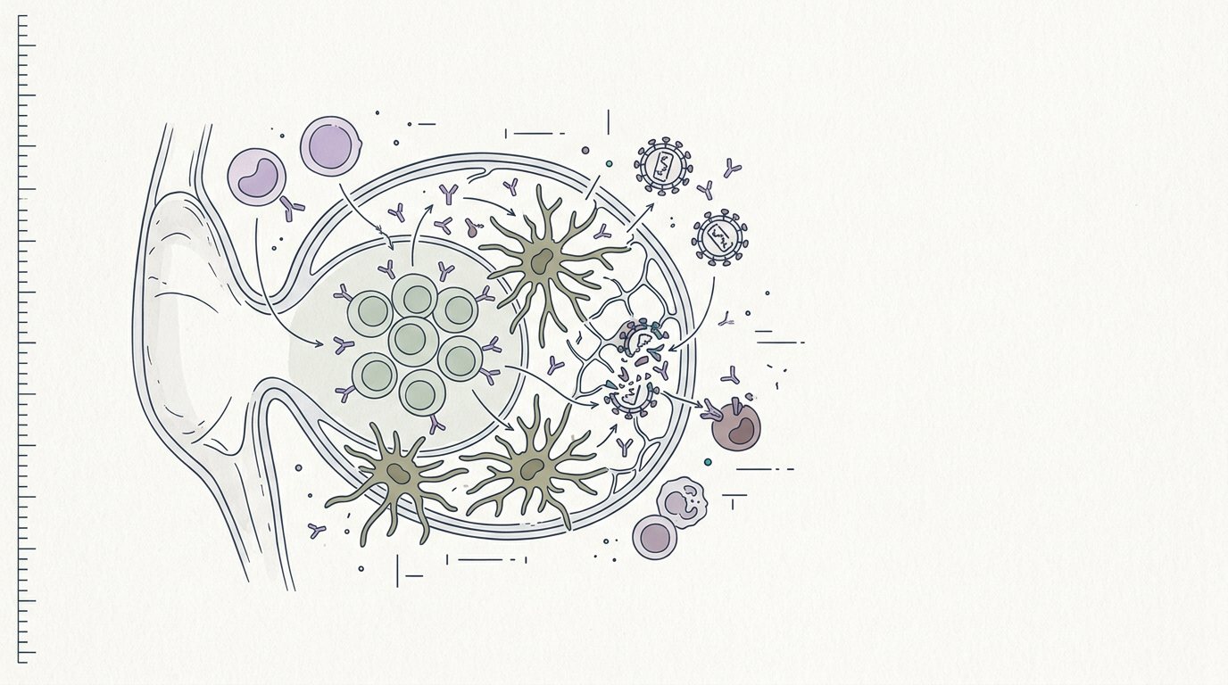 Abstract cream-and-slate line illustration on Kokorology paper, drawn for Antibodies drive ART-free HIV control in new study