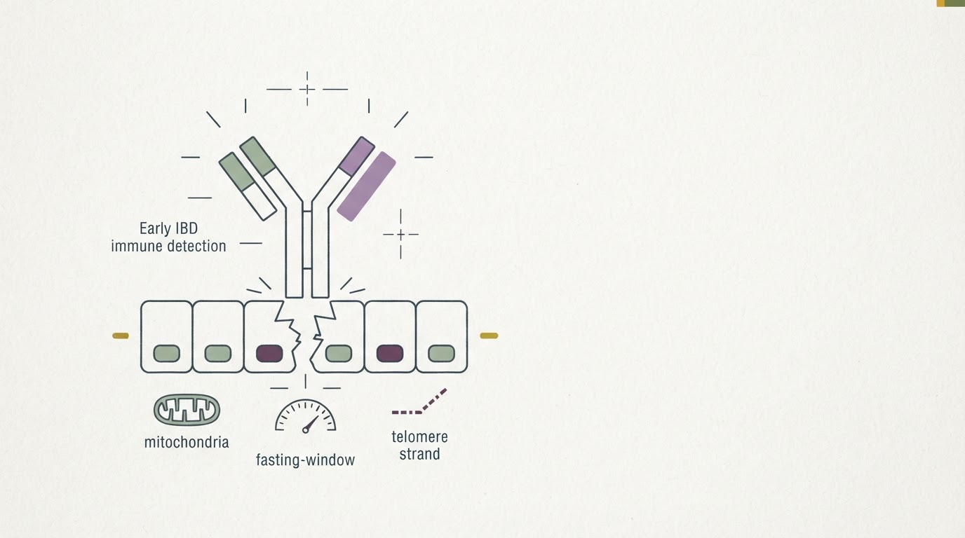 Abstract cream-and-slate line illustration on Kokorology paper, drawn for Antibody Signatures Predict Inflammatory Bowel Disease Ten Years Early