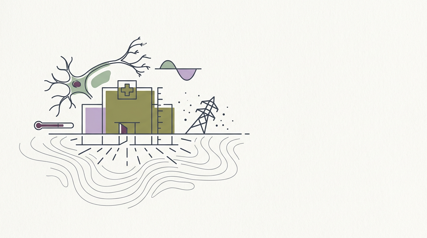 Abstract cream-and-slate line illustration on Kokorology paper, drawn for Australia's Health Sector Gets Climate Hazard Preparedness Toolkit