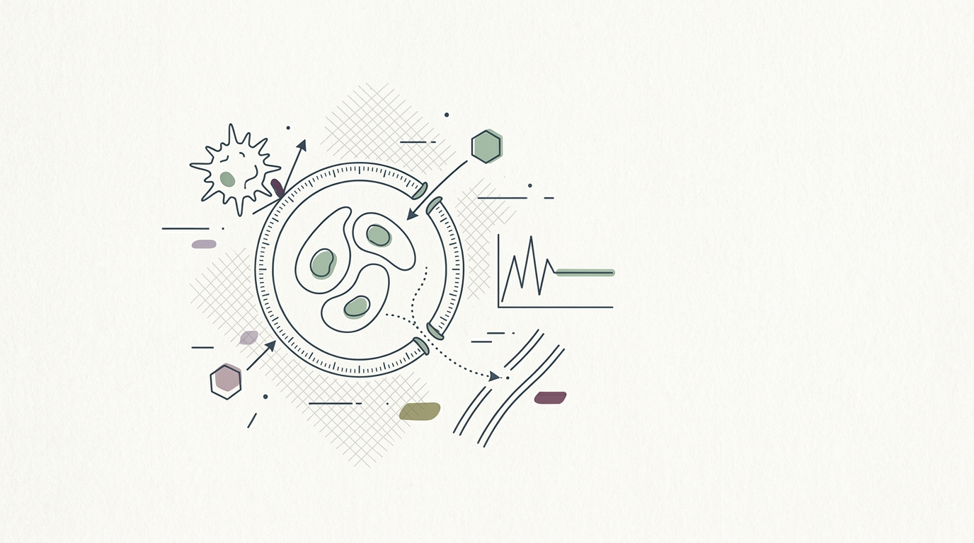 Abstract cream-and-slate line illustration on Kokorology paper, drawn for Avaí Bio, Austrianova, San Raffaele partner on diabetes beta-cell research