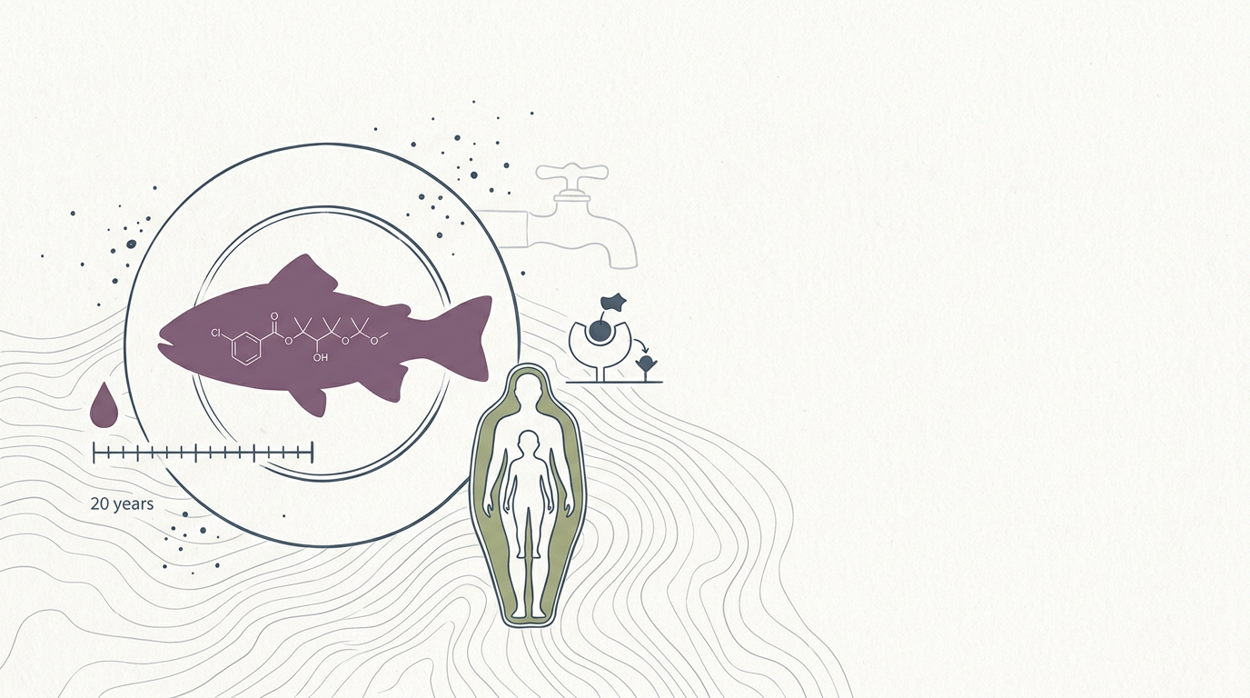 Abstract cream-and-slate line illustration on Kokorology paper, drawn for Banned chemicals still found in humans 20 years later