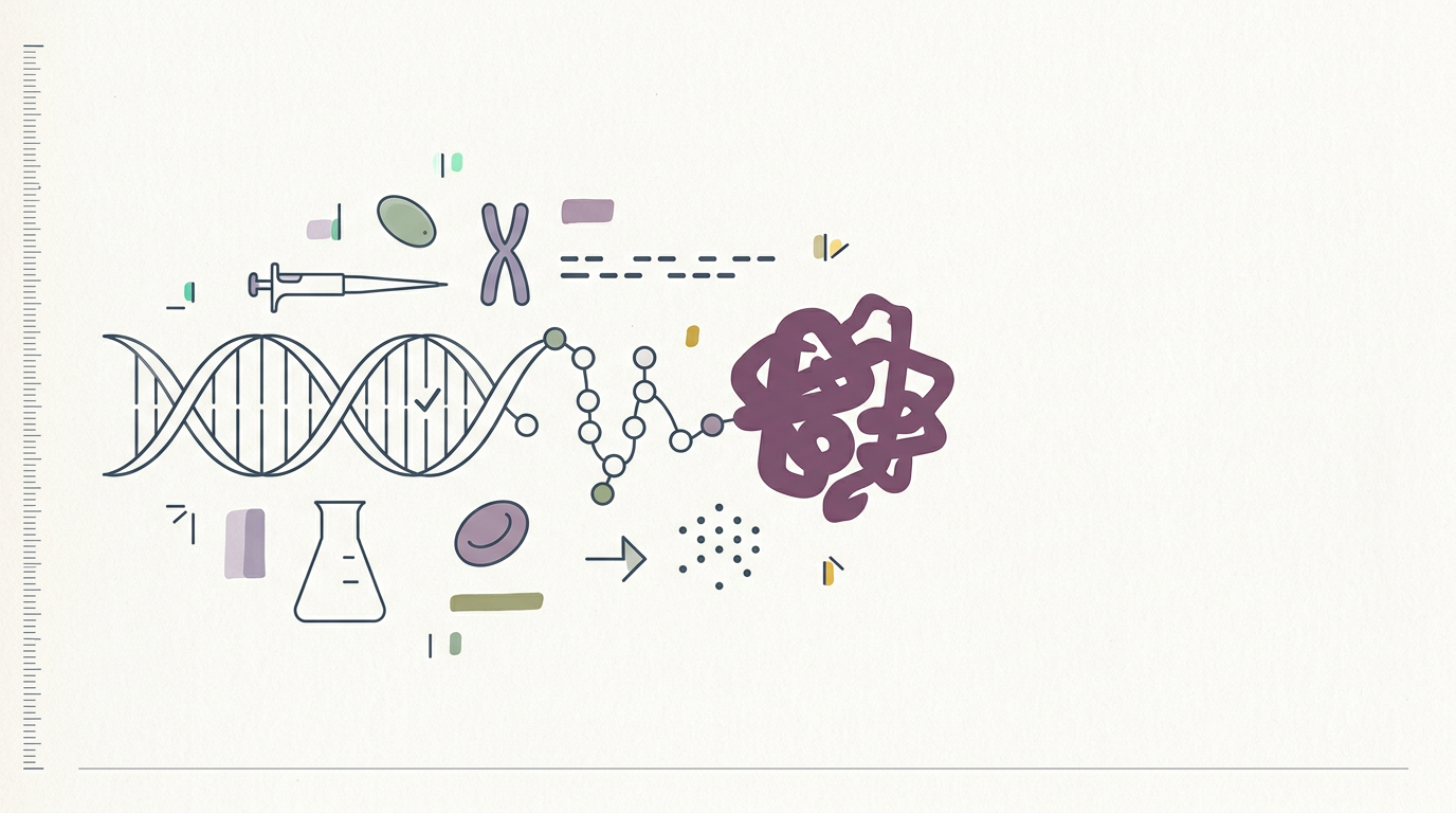 Abstract cream-and-slate line illustration on Kokorology paper, drawn for Blood test identifies disease-causing mutations in rare conditions