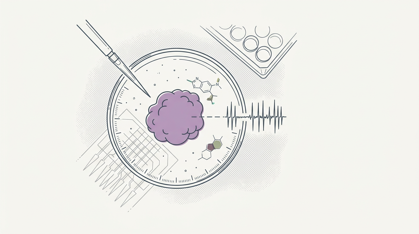 Abstract cream-and-slate line illustration on Kokorology paper, drawn for Brain organoids now last a year, model disease fingerprints