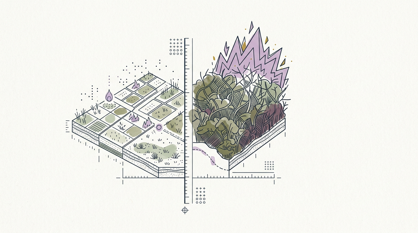 Abstract cream-and-slate line illustration on Kokorology paper, drawn for Colonial land management increased Australia's bushfire risk for centuries