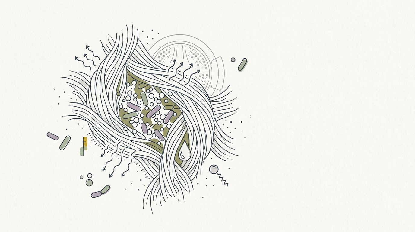 Abstract cream-and-slate line illustration on Kokorology paper, drawn for Danish textile researcher explains why wet laundry stinks