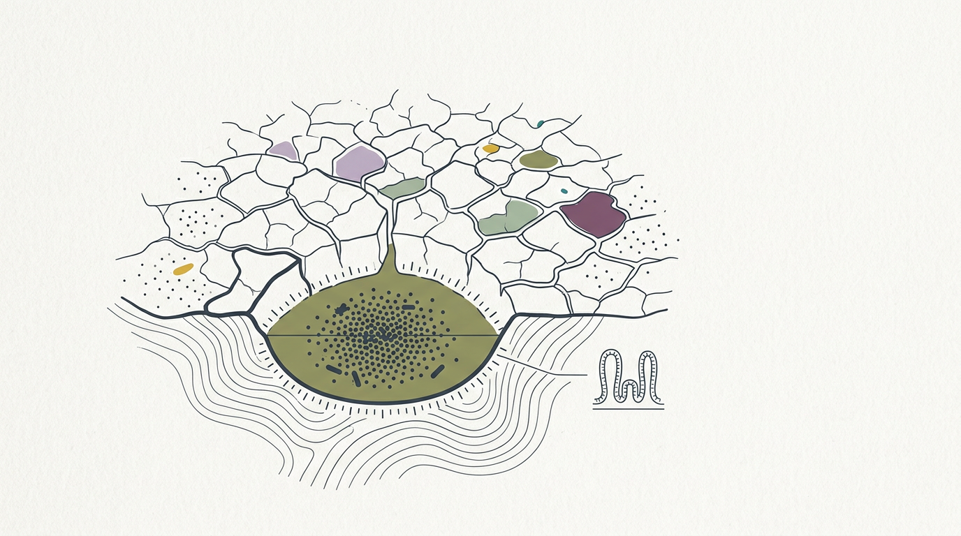 Abstract cream-and-slate line illustration on Kokorology paper, drawn for Droughts make some waterborne diseases worse, researchers find