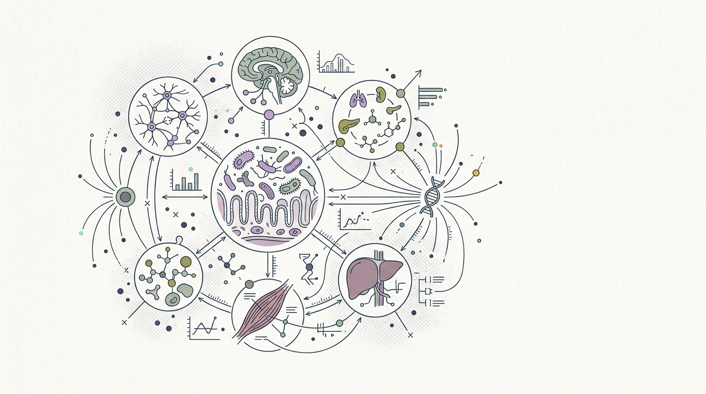 Abstract cream-and-slate line illustration on Kokorology paper, drawn for Eric Schadt: Disease is a Network, Not Single-Gene Story