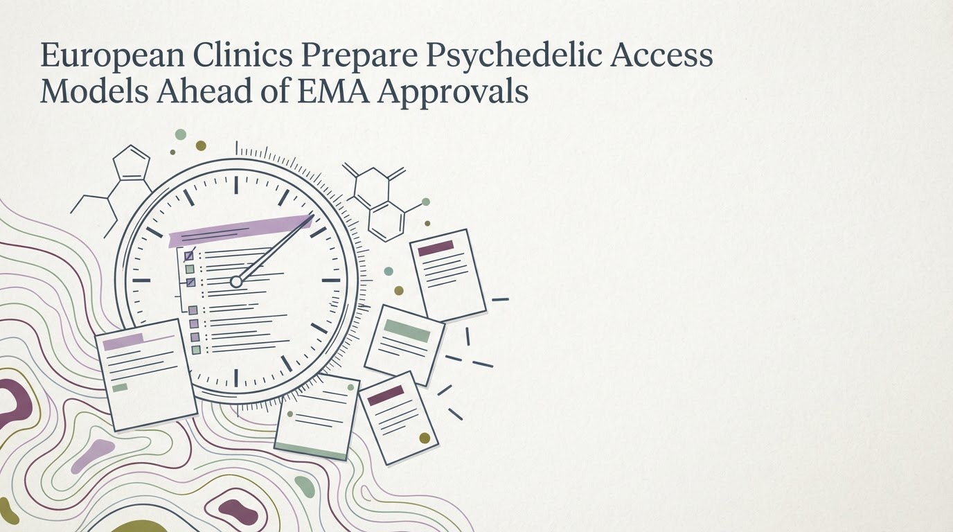 Abstract cream-and-slate line illustration on Kokorology paper, drawn for European Clinics Prepare Psychedelic Access Models Ahead of EMA Approvals
