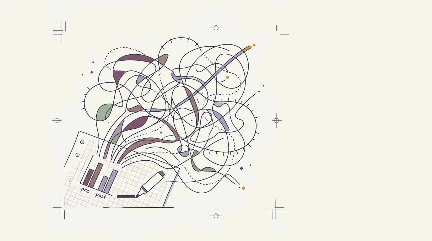 Abstract cream-and-slate line illustration on Kokorology paper, drawn for Exercise research relies on inconsistent effect size calculations, new study finds