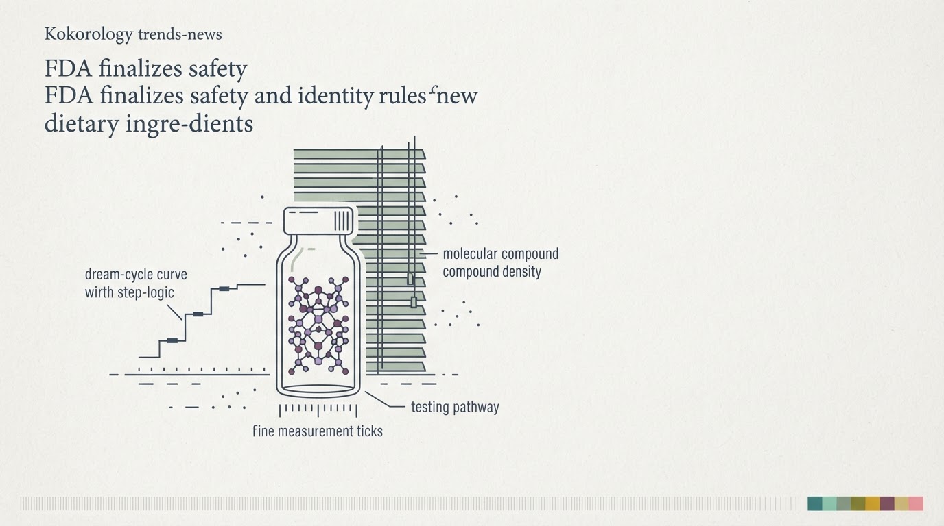 Abstract cream-and-slate line illustration on Kokorology paper, drawn for FDA finalizes safety and identity rules for new dietary ingredients