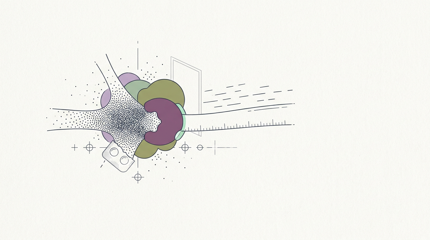 Abstract cream-and-slate line illustration on Kokorology paper, drawn for Genentech, Alector ink $1.2B Parkinson's drug deal