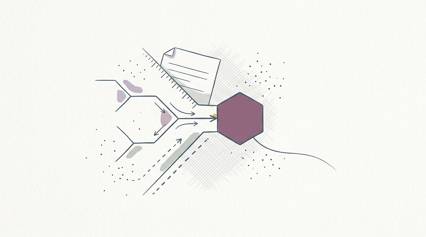 Abstract cream-and-slate line illustration on Kokorology paper, drawn for German doctors rethinking UTI antibiotic use