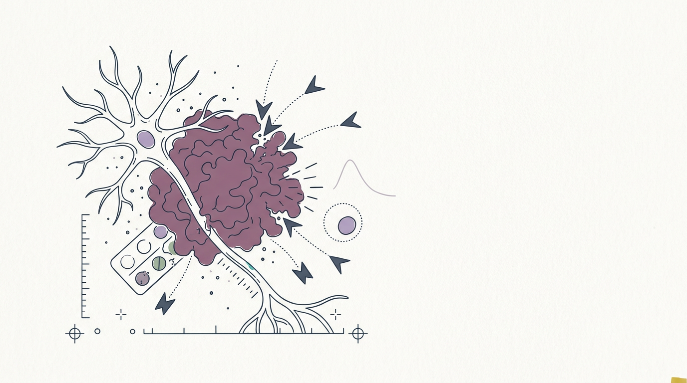 Abstract cream-and-slate line illustration on Kokorology paper, drawn for Glioblastoma immunotherapy uses combo to boost T cells