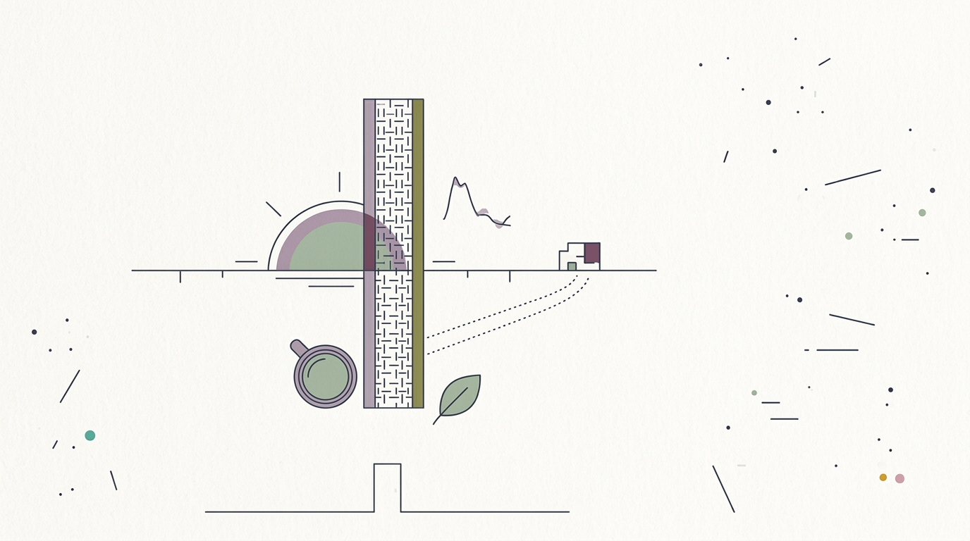 Abstract cream-and-slate line illustration on Kokorology paper, drawn for Government silos block nature-health policy progress