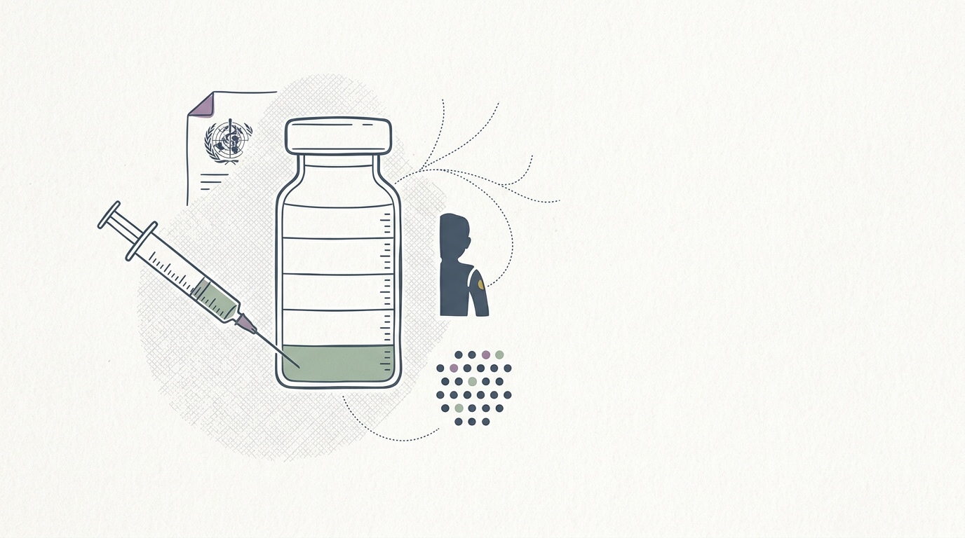 Abstract cream-and-slate line illustration on Kokorology paper, drawn for WHO greenlights fractional yellow fever vaccine doses for kids