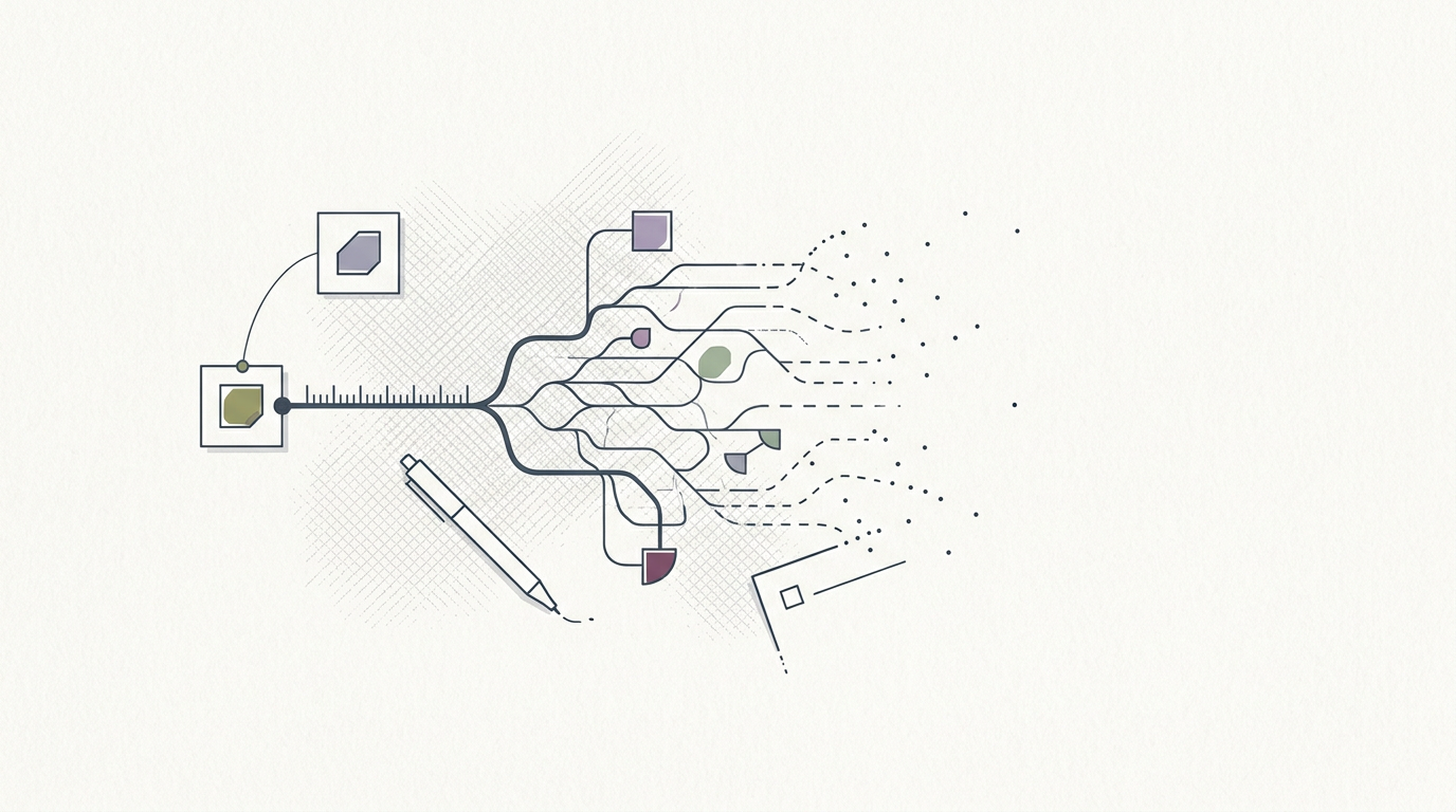 Abstract cream-and-slate line illustration on Kokorology paper, drawn for AI in healthcare risks 'deskilling' doctors, say experts