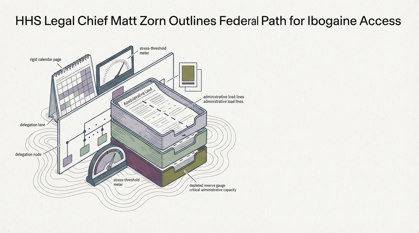Abstract cream-and-slate line illustration on Kokorology paper, drawn for HHS Legal Chief Matt Zorn Outlines Federal Path for Ibogaine Access
