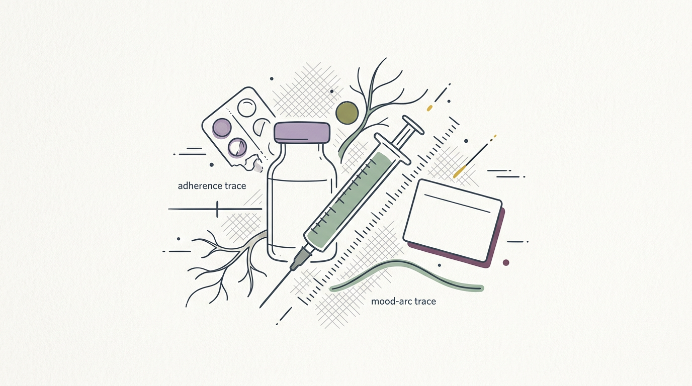 Abstract cream-and-slate line illustration on Kokorology paper, drawn for Injectable HIV meds boost adherence for adolescents
