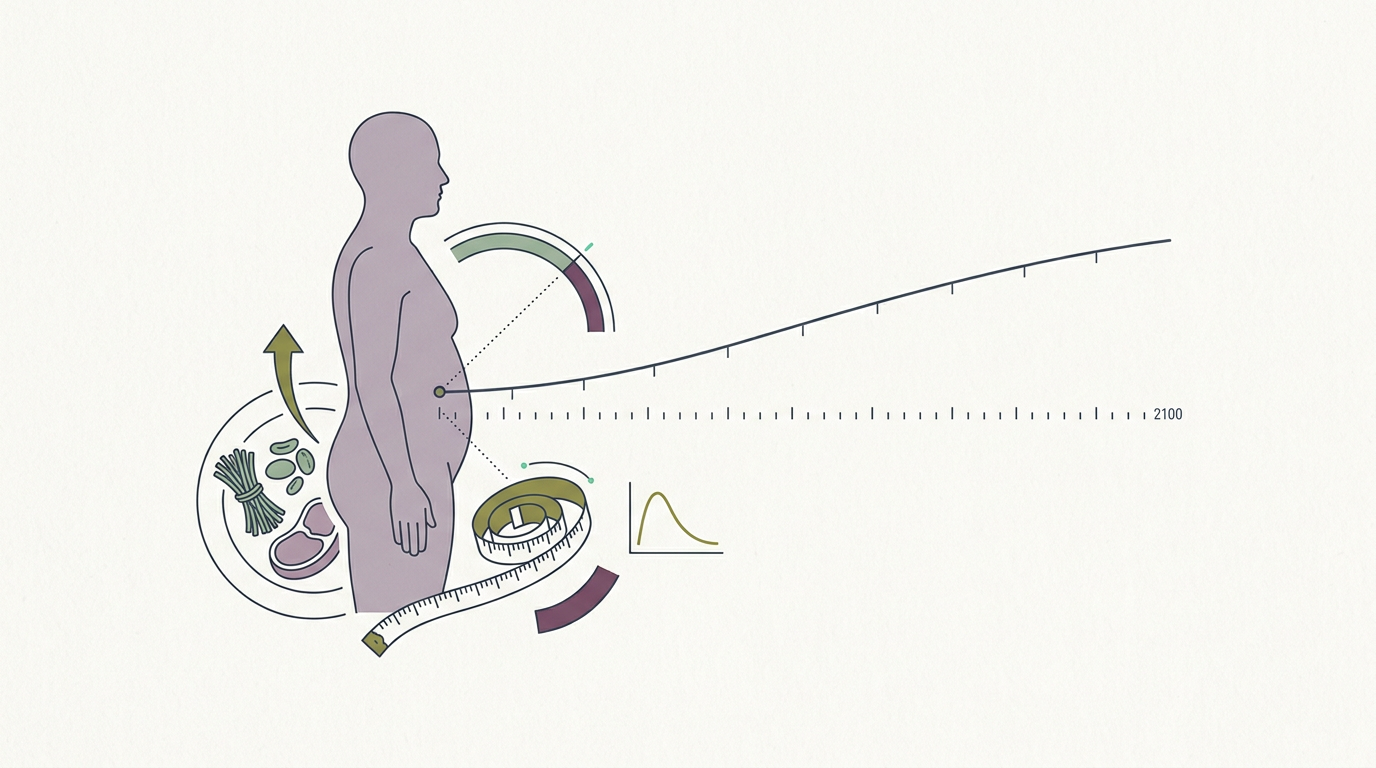 Abstract cream-and-slate line illustration on Kokorology paper, drawn for Lancet report forecasts health threats by DALYs to 2100