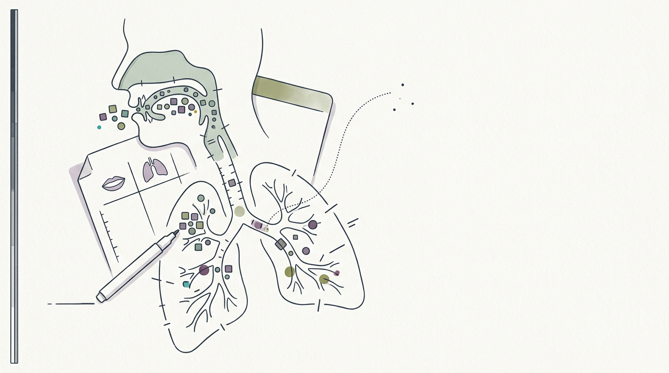 Abstract cream-and-slate line illustration on Kokorology paper, drawn for Long COVID linked to mouth and lung microbiome differences