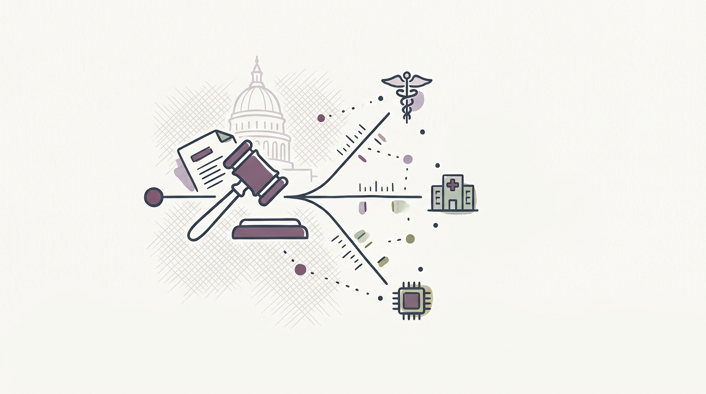 Abstract cream-and-slate line illustration on Kokorology paper, drawn for Medical AI regulation battles heat up in state legislatures