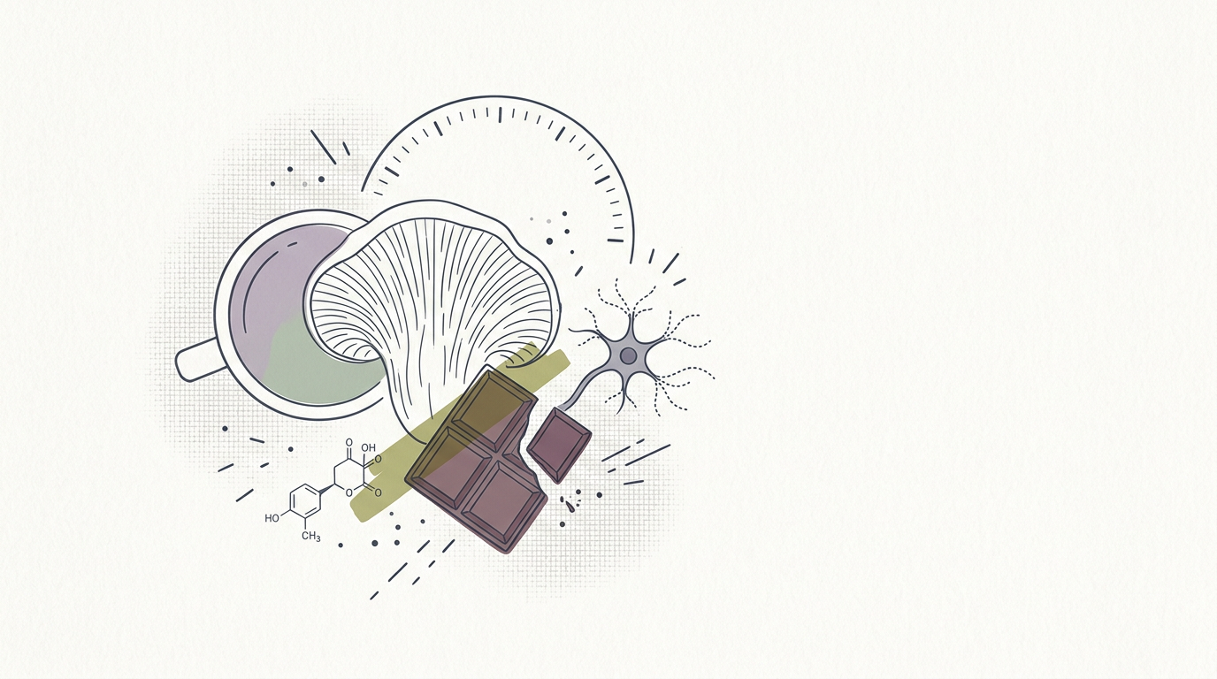 Abstract cream-and-slate line illustration on Kokorology paper, drawn for Monterey Nutra launches mushroom-infused chocolates, smoothies, coffee