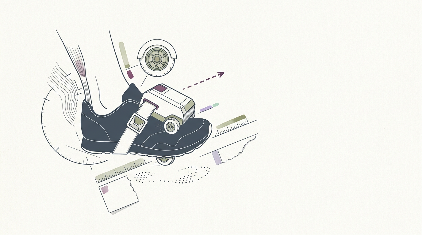Abstract cream-and-slate line illustration on Kokorology paper, drawn for Moonwalkers Dusk: Strap-on motorized wheels for double-speed walking