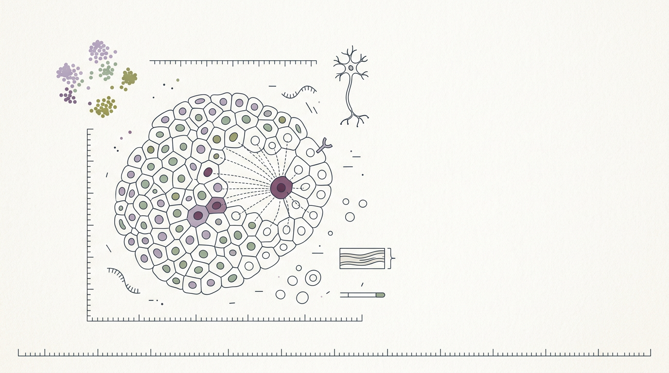 Abstract cream-and-slate line illustration on Kokorology paper, drawn for New Omics Data Finds Neuroblastoma Prognosis Marker