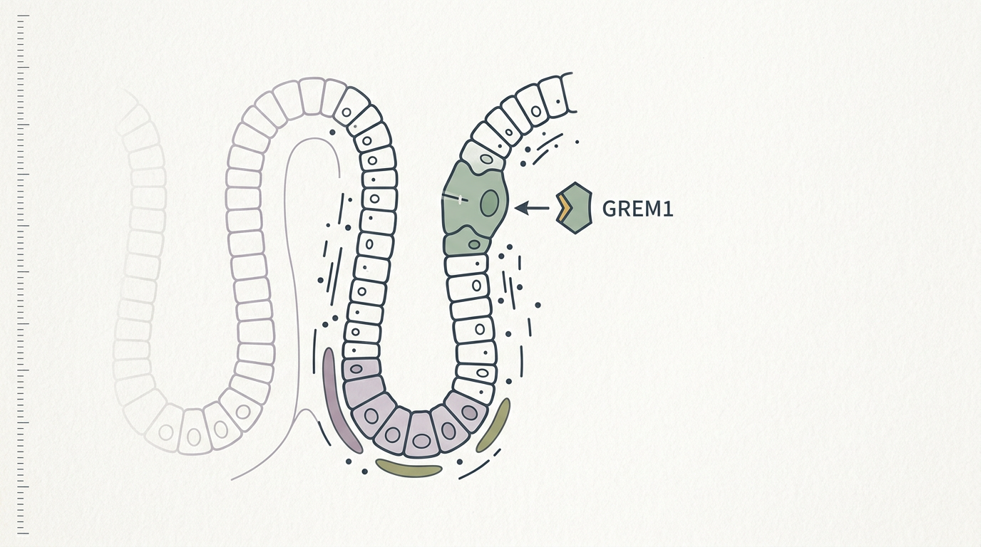 Abstract cream-and-slate line illustration on Kokorology paper, drawn for New research identifies GREM1 as trigger for colon tumor growth