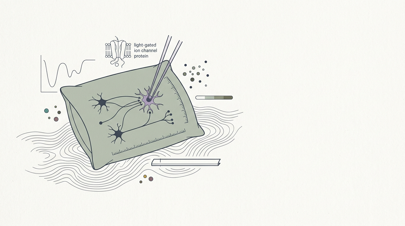 Abstract cream-and-slate line illustration on Kokorology paper, drawn for Nobel Prize awarded for optogenetics in brain research